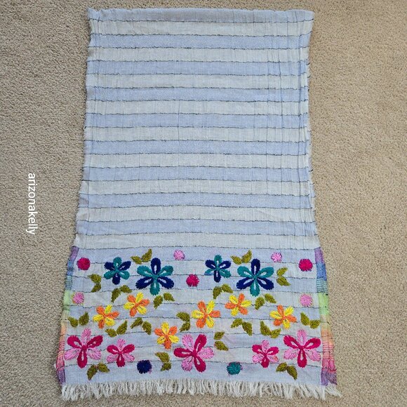 Accessories - Crinkle Cotton Scarf With Colorful Yarn Flowers Hand-Embroidered Boho